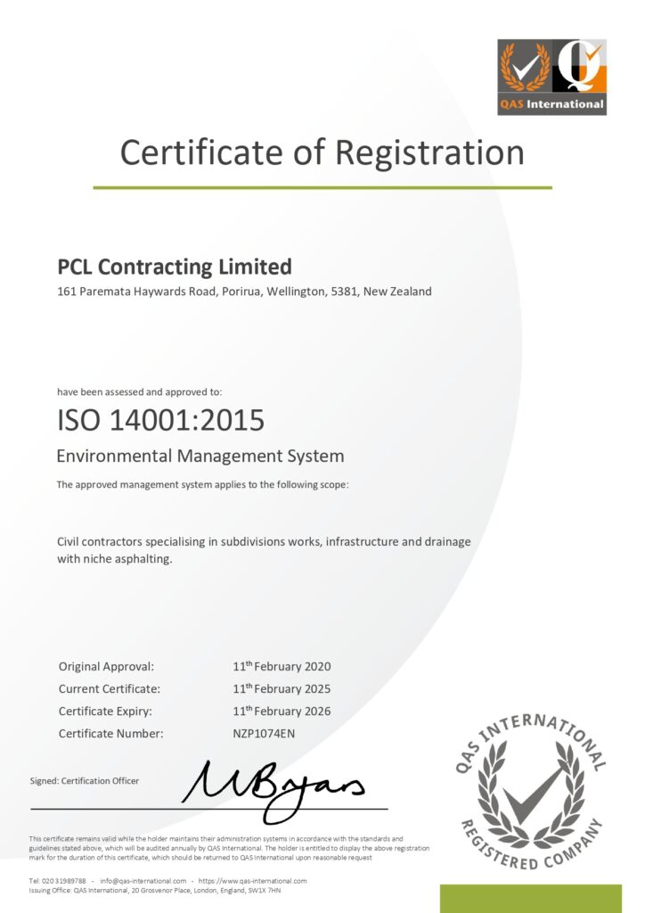 certificate of registration for pcl contracting limited, certifying iso 14001:2015 environmental management system compliance, issued by qas international.