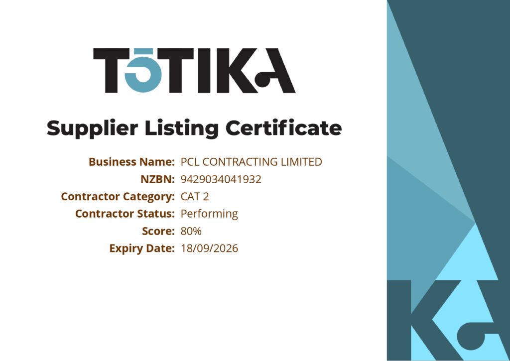 tōtika supplier listing certificate for pcl contracting limited, cat 2, status performing, score 80%, expiry date 18/09/2026.